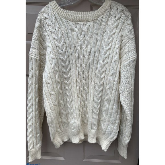 WOOLOVERS 100% British Wool Fisherman Cable Aran Knit Sweater Jumper L Natural - Picture 1 of 7